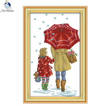 Joy Sunday-patrones de punto de cruz, madre e hija bajo el paraguas, DMC, 11CT, 14CT, bordado a mano de manualidades 2024 - compra barato