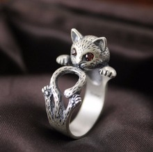 Богемное винтажное серебряное большое кольцо в виде кошки для женщин Регулируемый размер обручальное кольцо на палец 2024 - купить недорого