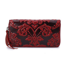 Carteira de couro genuíno feminina estilo chinês vermelho bolsa feminina porta cartões carteira feminina bolsa clutch bolsa para celular 2024 - compre barato