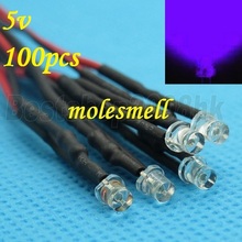 100pcs 3mm 5v Flat Top Purple/UV LED Lamp Light Set Pre-Wired 3mm 5V DC Wired 3mm big/wide angle Purple 5v led 2024 - buy cheap