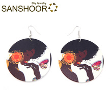 SANSHOOR Vintage Afro Woman Butterfly Wood Drop Earrings African Blacks Bohemia Halloween Jewelry As Women Christmas Gift 1Pair 2024 - buy cheap