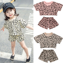 Conjunto de ropa de princesa para niñas pequeñas, Tops de manga corta informales + pantalones cortos de leopardo, trajes 2024 - compra barato