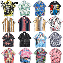 Темная икона полная печать Harajuku японский стиль рубашка 2019 летняя уличная Свободная рубашка с коротким рукавом мужская рубашка размера плюс 2024 - купить недорого