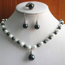 birthday gift! jewelry set!Wholesale noble Women's 8mm white and black pearl Necklace earring ring(7/8/9) set #221 2024 - buy cheap