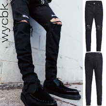 Wycbk 2018 новые черные рваные джинсы мужские с дырками джинсовые супер обтягивающие дизайнерские брендовые узкие джинсы с вышивкой 2024 - купить недорого