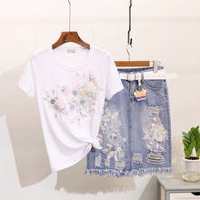 Summer Denim Skirt Sets Women Twopiece Suit New Diamond Embroidered Flower Short Sleeve T Shirt + Grinded Jean Skirt Students 2024 - buy cheap