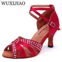 WUXIJIAO New wine red Satin Latin Dance Shoes Women Salsa Rhinestone Shoes Dance For Woman Ballroom Dancing Shoes heel 5cm-10cm 2024 - buy cheap