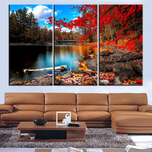 Pintura da lona red lake tree paisagem quadros decoração a óleo imagem da parede paisagem imagem para sala de estar sem moldura 3 peça 2024 - compre barato