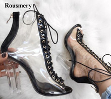 Botas de gladiador con punta abierta para mujer, zapatos de vestir con cordones de PVC, a la moda, con tacón de cristal 2024 - compra barato