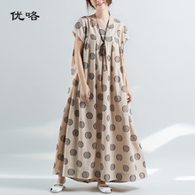 Vintage Linen Polka Dot Dress Retro Plus Size Maxi Summer Sundress Women Short Sleeve Cotton Loose Long Dresses 4XL 5XL 6XL 2019 2024 - buy cheap