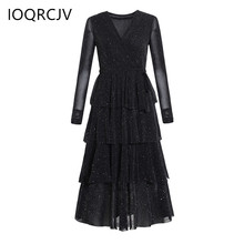 Spring Autumn Women Cake Dress New Style Big Swing Dress long-Sleeved  Mesh High Waist Pullovers V-neck Sexy Long Dress  Q185 2024 - buy cheap