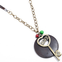 Heart Key Long Fashion Handmade Round Wood Vintage Alloy Bronze Leather Pendants Necklace Women Men Chain Jewelry 2024 - buy cheap