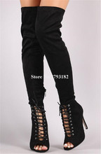 Women Fashion Peep Toe Suede Leather Over Knee Thin Heel Gladiator Boots Cut-out Black Long Slim High Heel Boots Club Shoes 2024 - buy cheap