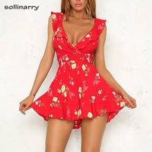 Sollinarry Lace up bow backless red floral print romper Ruffles women playsuits Summer beach short jumpsuits Sexy V neck rompers 2024 - buy cheap