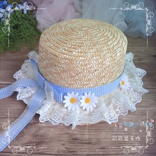 Lolita straw hat Japanese simple diy wild small fresh garden white chrysanthemum soft sister plaid bow hat 2024 - buy cheap