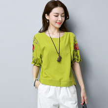 Blusas bordadas estilo primavera verão para mulheres, de chiffon, camisas para moças, casual, de manga curta com lanterna, dd1829 2024 - compre barato