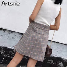 Artsnie Khaki Plaid Casual Mini Skirt Women Spring Elegant Sashes Asymmetrical High Waist Ladies OL Short Skirts Streetwear Jupe 2024 - buy cheap