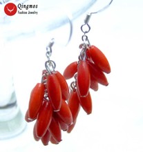 Qingmos Natural Red Coral Earrings for Women with  3*12mm Rice Coral Grape Earring Stering Silver S925 Hook Dangle Earring e367 2024 - buy cheap