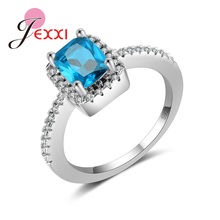 Solid 925 Sterling Silver Classic Square Crystal Blue Cubic Zircon For Women Men Finger Rings Jewelry Crystal Present 2024 - buy cheap