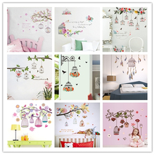 Pegatinas de pared de vinilo para decoración del hogar pegatinas de animales de dibujos animados, pájaro, jaula de pájaros, flores, sala de estar, guardería, vinilo para pared 2024 - compra barato