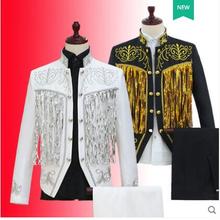 Conjunto de ropa con cuello levantado para hombre, traje con diseños de traje, terno, para escenario, cantantes, chaqueta con borlas, chaqueta de lentejuelas, chaqueta de baile, estilo estrella 2024 - compra barato