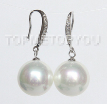 Free shipping Dangle 14mm round white south sea shell pearl Earrings 925 silver 162 2024 - buy cheap