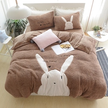 Thick Flannel Lovely Rabbit Cartoon Bedding set Warm Fleece Embroidery Duvet cover Flat Sheet Fitted Pillowcases Queen size 4pcs 2024 - buy cheap