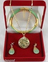 Hot sale FREE SHIP>>>Charming green jade   Dragon Phoenix pendants necklace earring bracelet set 2024 - buy cheap