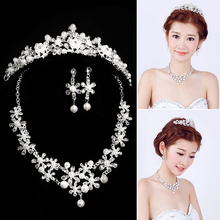 Elegant Silver Color Rhinestone Pearl Earring Necklace Crown Set Bridal Tiaras Wedding Hair Accessories Jewelry Sets VL 2024 - buy cheap