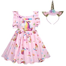 Conjunto com duas peças de vestido unicórnio e tiara, vestidos de princesa para baile de crianças, motivo unicórnio 2024 - compre barato