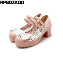 Size 33 Plus High Heels Bow Pumps Cute Strap Square Toe Block Kawaii Mary Jane Women Sweet Lolita Shoes 11 43 Pink 10 42 Medium 2024 - buy cheap