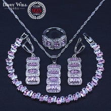 New Style Pink Zircon silver color Wedding Jewelry Sets Women Charms Bracelets Necklace Pendant Earrings Rings Set With Stones 2024 - buy cheap