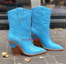 Botas cowboy femininas para primavera e verão, novas botas de ponta fina no tornozelo da cobra, cano médio da panturrilha, botas plataforma volumosas, 2019 2024 - compre barato