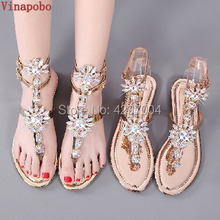 2019 NEW Women`s summer bohemia diamond sandals women Gold rhinestones shoes T-strap thong flip flops comfortable flat sandals 2024 - buy cheap