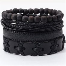 Pulseiras masculinas de couro, preto, rock, marrom, tecido de madeira com miçangas, hip hop, joias, conjunto de braceletes para mulheres, vintage 2024 - compre barato