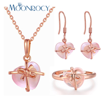 Moonrocy ouro rosa coração cristal rosa rosa, conjunto de joias quartz rosa opala colar brincos e anel joias fofas joias femininas 2024 - compre barato
