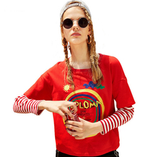 Tops de primavera para mujer, jerseys sueltos informales con cuello redondo y manga larga rojos, sudaderas de retales a rayas con estampado de letras a la moda Z82 2024 - compra barato
