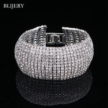 Женский свадебный браслет с кристаллами BLIJERY, серебристые Стразы 12 рядов, вечерние украшения для свадьбы 2024 - купить недорого
