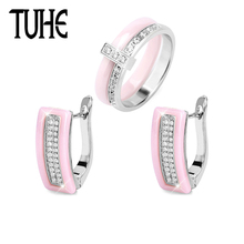 Romantic Lady Jewelry Set Lovely Pink Girl Color With Shining Crystal Steel Ceramic Rings And U Shaped Earrings Fashion Jewelry 2024 - buy cheap
