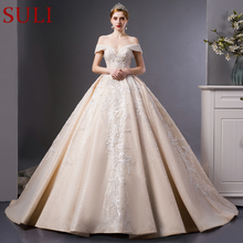 SL-6107 Luxury Embroidery Lace boat neck ball gown wedding dress bridal wedding gowns royal train 2024 - buy cheap