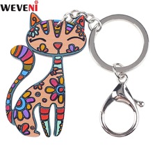 WEVENI Acrylic Printing Smile Cat Kitten Key Chain Key Ring Bag Charm Wholesale Keychain Accessories Fashion Jewelry For Women 2024 - buy cheap