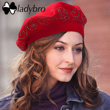 Ladybro Women Beret Wool Hat Autumn Winter Hat Female 2 Layers Rhinestones Warm Beanies Knitting Hat Flat Top Bonnet Cap 2024 - buy cheap