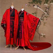 Chinese Anceint Wedding Hanfu Groom Bride Couple Suits China Traditional Black Red Embroidery Costume Long Tail Wedding Dresses 2024 - buy cheap