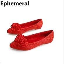 Zapatos planos de flores femeninas con manchas de piel y seda, puntiagudos antideslizantes, color rojo de invierno, 3-43 talla grande, para boda, Club, TPR, suela suave 2024 - compra barato