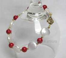 Big 12-13mm Coin Natural white Freshwater pearl and red 6mm coral 7.5" bracelet-bra1721 Wholesale/retail Free shipping 2024 - buy cheap
