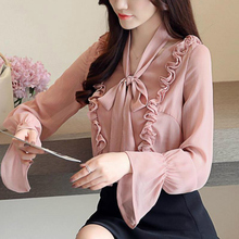 Otoño primavera Oficina mujer coreana volantes blusa de gasa de manga larga, mujeres delgadas arco V cuello Xxl blusas sueltas de otoño 2024 - compra barato