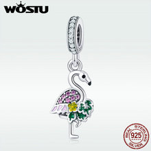 WOSTU Real 925 Sterling Silver Colorful Flamingo Trendy Charms fit Original Beads Bracelet Necklace DIY Fashion Jewelry DXC849 2024 - buy cheap