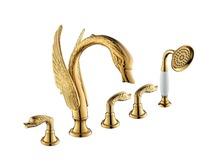 Free ship 5 Pieces widespread 24k gold pvd finish solid brass waterfall swan tub shower faucet mixer tap WITH white Hand SHOWER 2024 - buy cheap