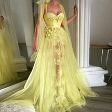 Yellow Muslim Evening Dresses A-line Sweetheart Tulle Lace Long Islamic Dubai Saudi Arabic Long Formal Evening Gown 2024 - buy cheap