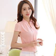 ROPALIA Pink White Chiffon Blouse Women Short Sleeve Elegant Ladies Office Shirts Korean Fashion Casual Slim Women Tops Blusas 2024 - buy cheap